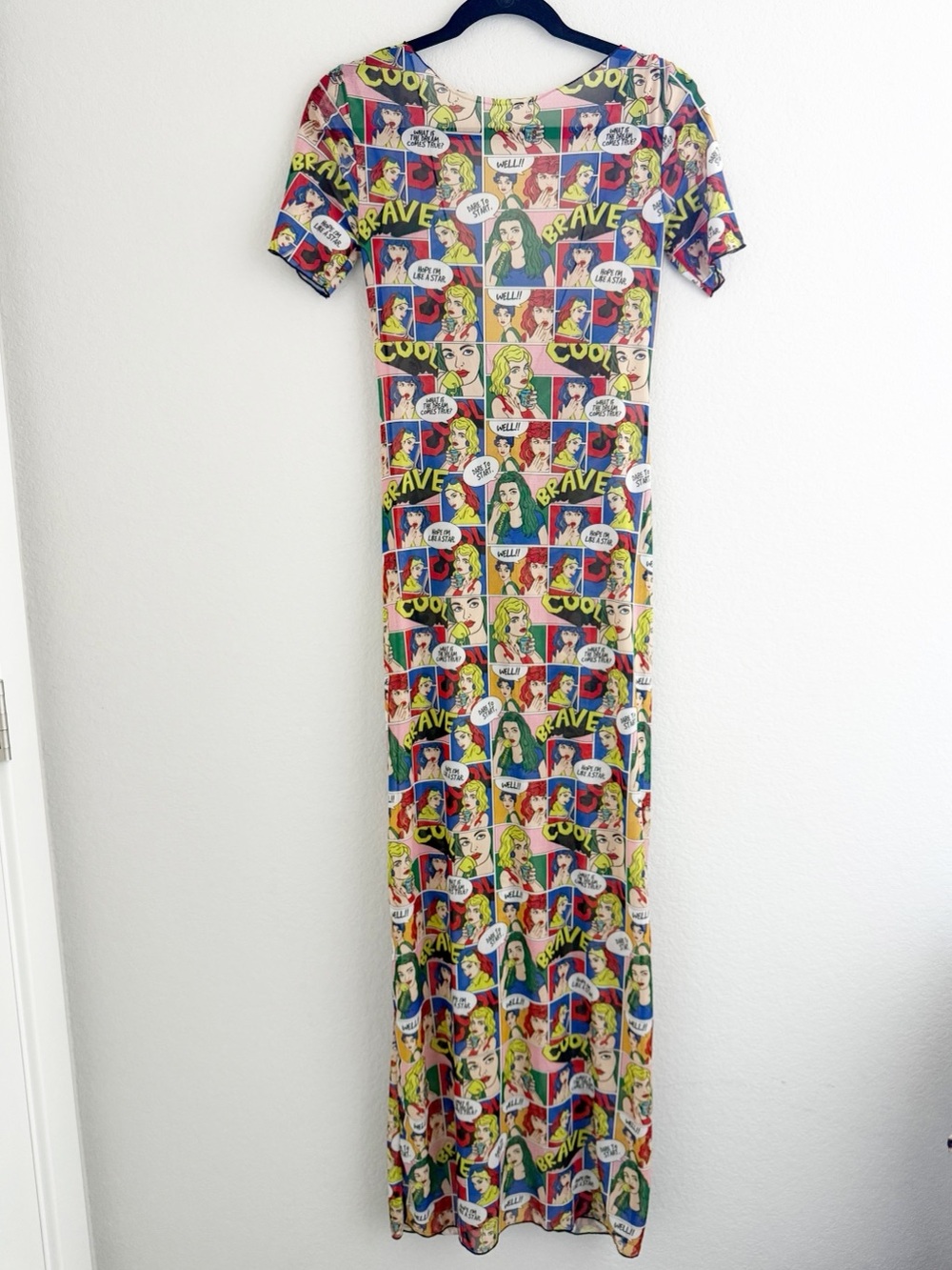 Comic Book Print Sheer Mesh Maxi Dress